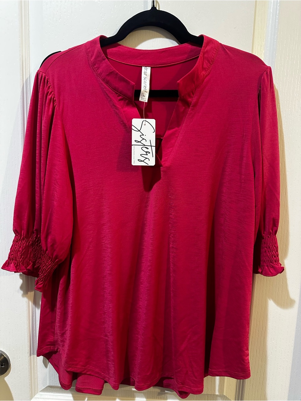Scarlett Fuchsia V-Neck Smocked Sleeve Tunic
